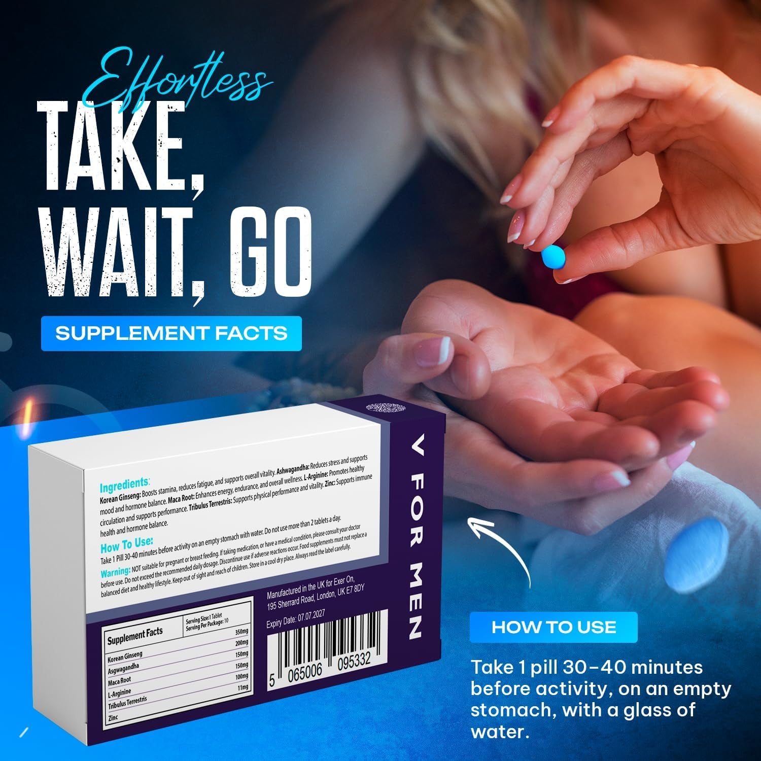 Exer on - Blue 10 Tablets for Men - 100Mg Herbal Supplement for Men - Strong Effect - Mens Health Support Tablets - Performance & Enhancement - Maca, Glycine, Korean Ginseng and Zinc