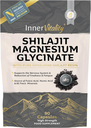 Magnesium Glycinate 1200Mg + Shilajit Minerals for Sleep, Relaxation & Natural Energy, 2-In-1 High Strength Supplement - 90 Capsules Mineral Support Made in UK by Inner Vitality