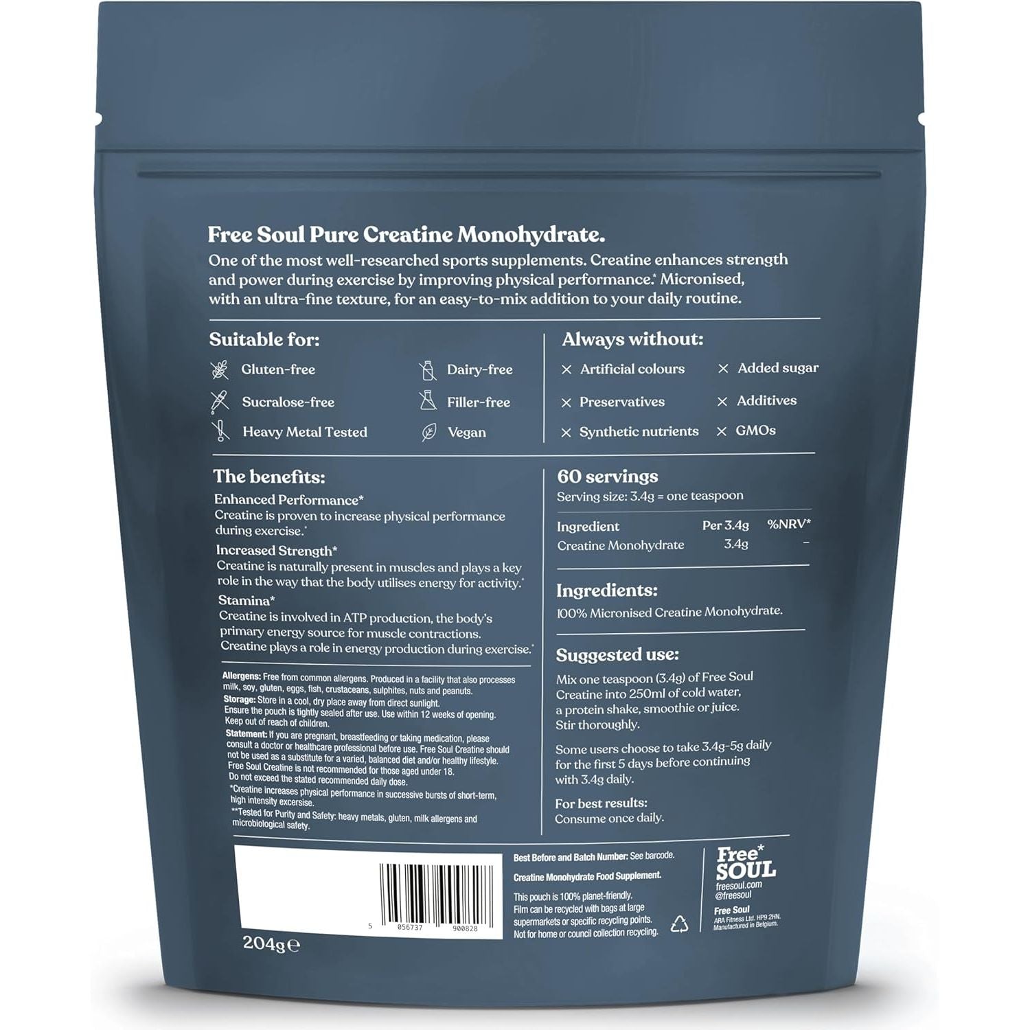 Creatine Monohydrate Powder | 100% Pure Micronised Creatine Monohydrate | Easily Dissolves | Unflavoured | Vegan | Lab-Tested | 60 Servings | Free Soul