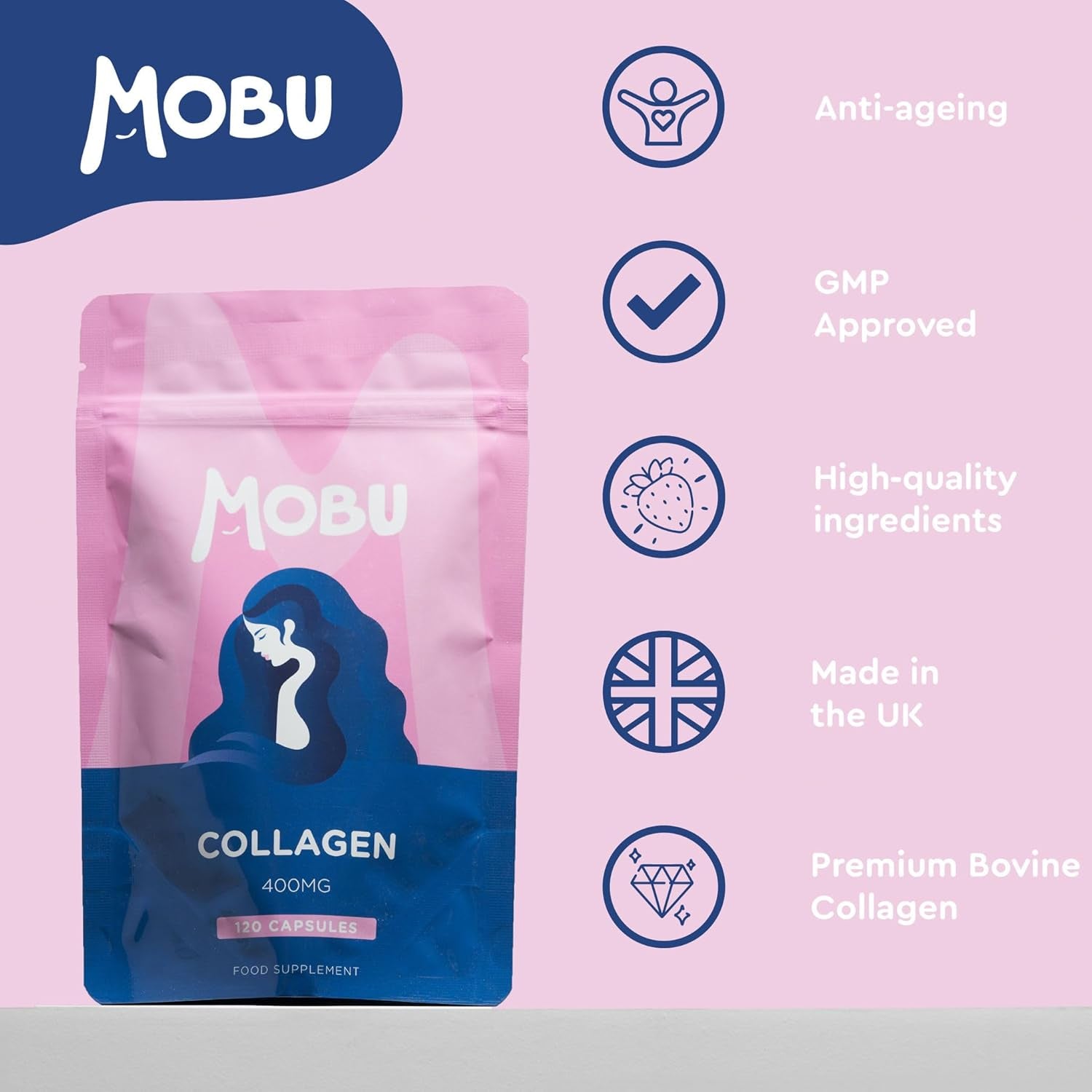 Hydrolysed Collagen 400Mg 120 Capsules | Hair, Skin and Joint Health Supplement | Bovine Collagen Type 1 for Women & Men | Letterbox Friendly | MOBU UK