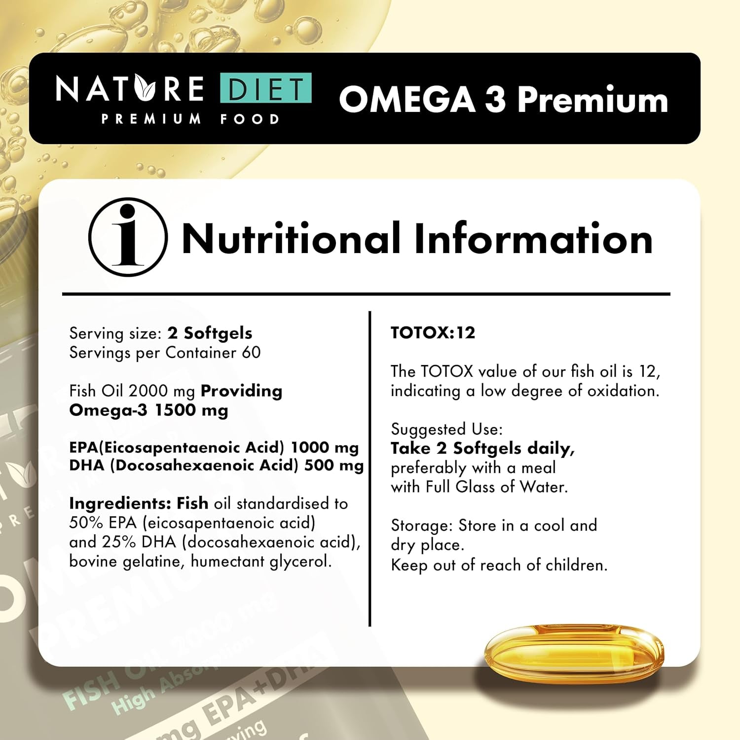 Nature Diet Omega 3 Premium - 2000Mg with 1500Mg of EPA & DHA - 120 Softgel Capsules of High Strength Omega 3 Fish Oil – 2 Months Supply