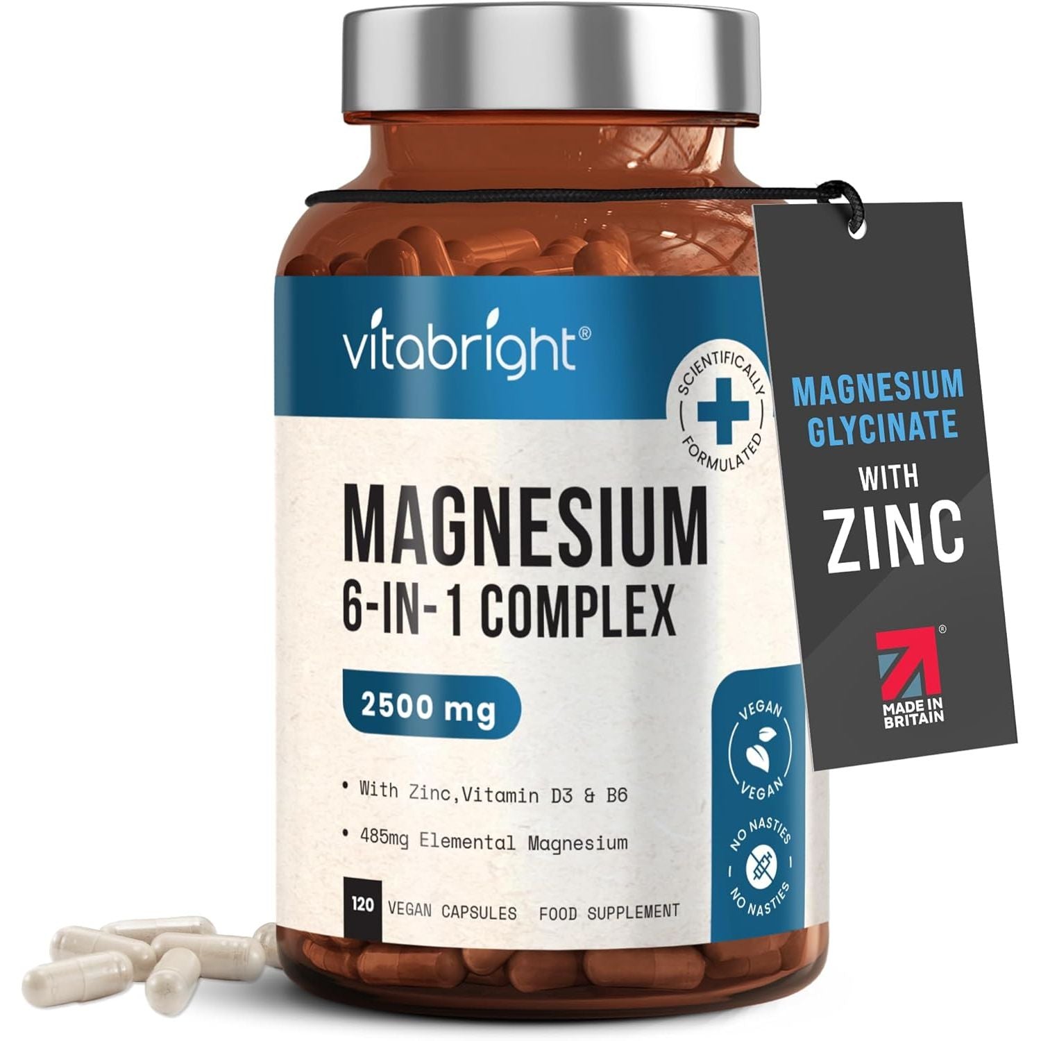 Vitabright Magnesium Glycinate Complex 6-In-1 | 2500Mg~485Mg Elemental | 120 Caps | Glycinate Tablets & Zinc, Vitamins B6 & D | High Strength Magnesium Supplements for Women/Zma Supplements for Men