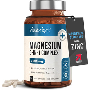 Vitabright Magnesium Glycinate Complex 6-In-1 | 2500Mg~485Mg Elemental | 120 Caps | Glycinate Tablets & Zinc, Vitamins B6 & D | High Strength Magnesium Supplements for Women/Zma Supplements for Men