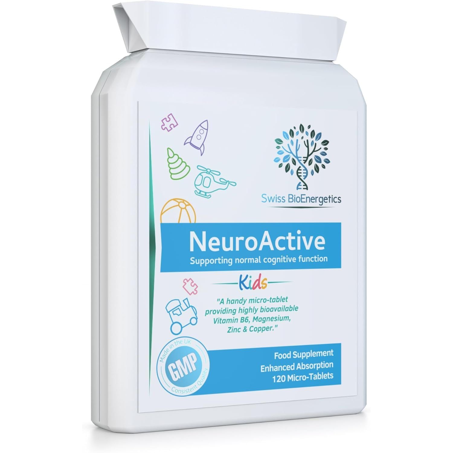 Neuroactive 120 Highly Bioavailable Micro-Tablets - Magnesium Citrate, Zinc Picolinate, Copper Glycinate & Vitamin B6 Balanced for Children and Adults - Vegan - UK Made