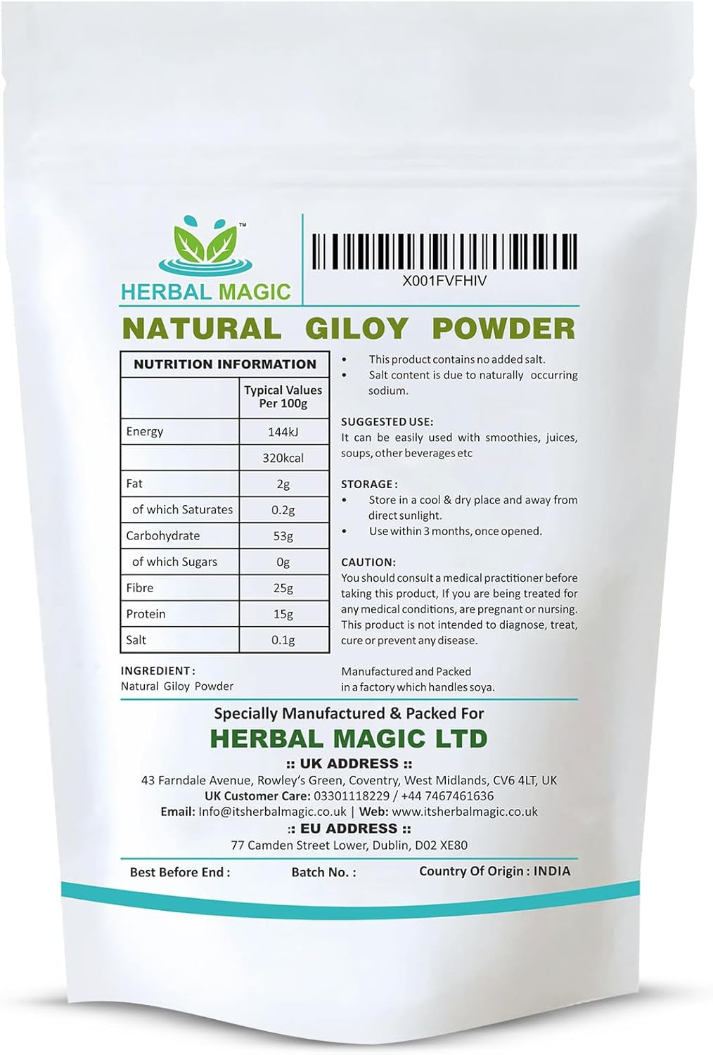 Herbal Magic'S Pure & Natural Giloy Powder, for Super Smoothies, Shakes, Soups - Premium Quality Powder - Free from Fillers & Preservatives - 100G