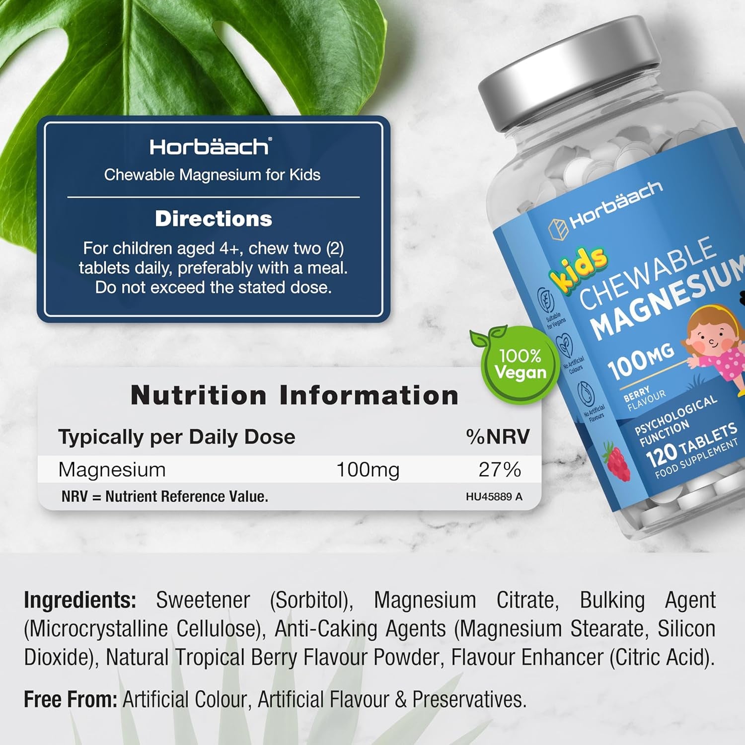 Kids Magnesium Chewable Tablets 100Mg | Berry Flavour | 120 Count | Magnesium Citrate Tablets for Children Aged 4+ (Not Gummies) | Vegan | No Artificial Preservatives | by Horbaach
