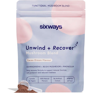 Sixways Unwind and Recover Sleep Drink 30 Servings, Cacao Flavour, Ashwagandha Powder, Hormone and Anxiety Aid, Magnesium, Reishi Mushroom, Vegan, Gluten Free, Magnesium Infused for Relaxation