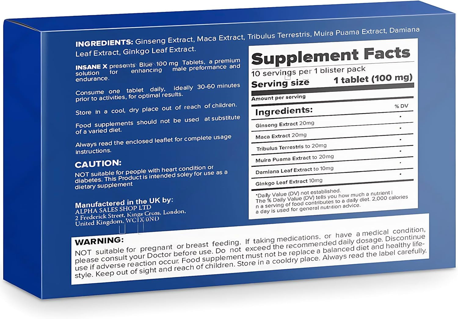 INSANE X - 20 Extra Strong Pills for Men UK - Natural Fast-Acting Maca Ginseng Tablets for Men - for Enhanced Performance
