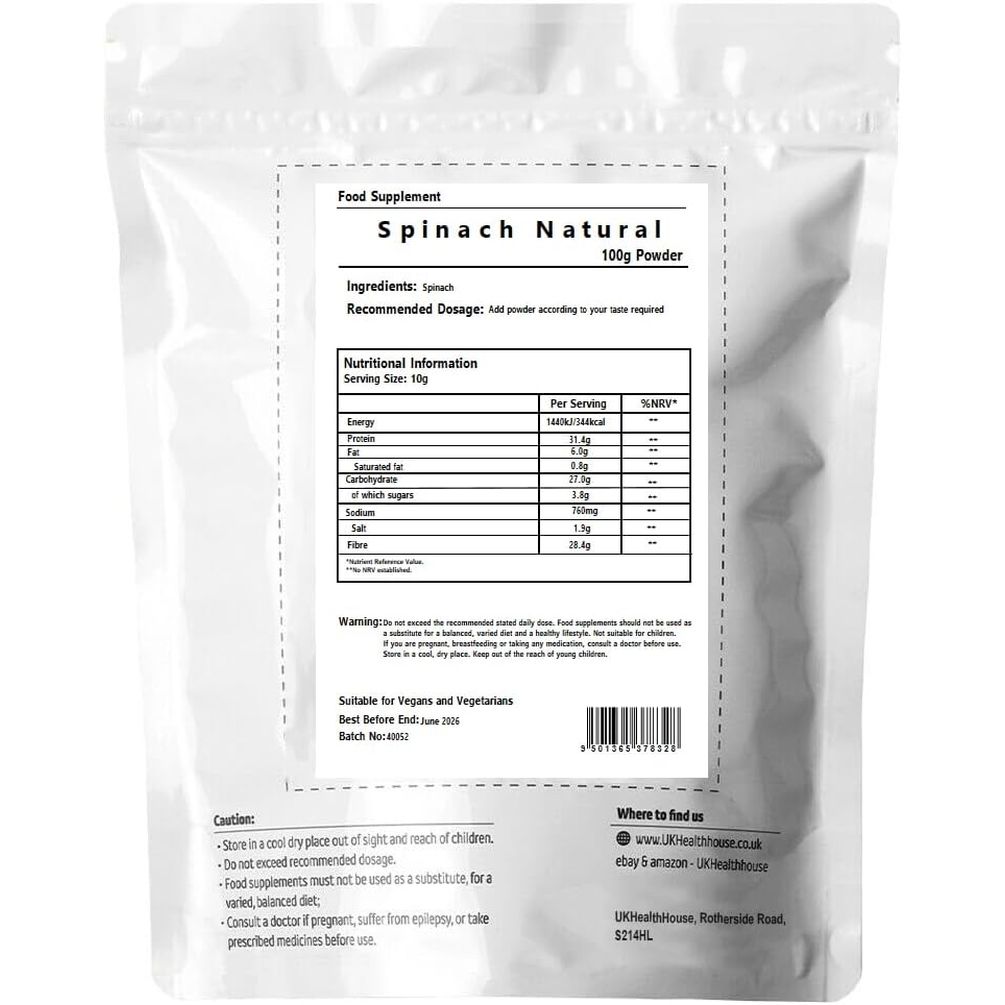 Ukhealthhouse Spinach Powder Superfoods Green Superfood Powders Diet Vitamin Smoothie Energy High in Fibre Protein Iron, Source of Vitamins C Minerals (100G)