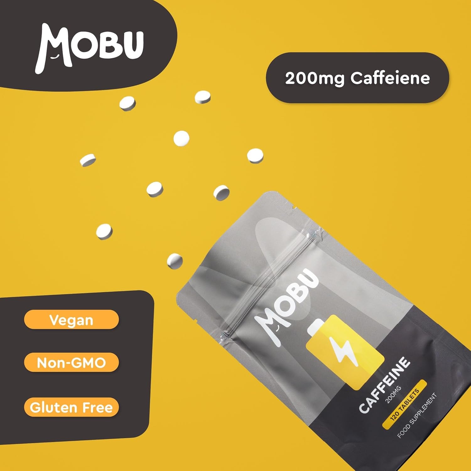 Caffeine Tablets 200Mg 120 Energy Tablets | Focus, Concentration, Energy Boost & Exercise Support Pre Workout | Improve Focus | Vegan UK Made | MOBU