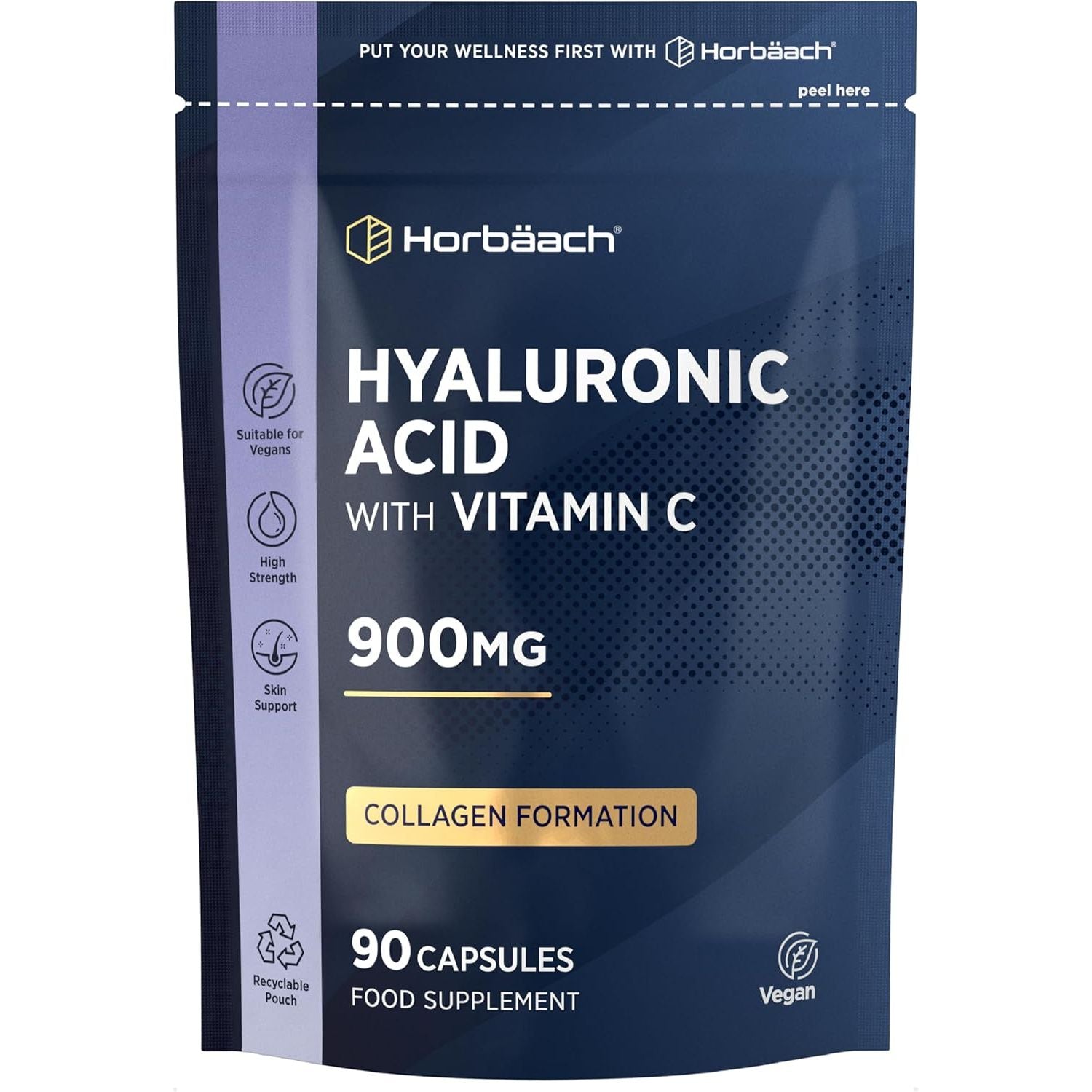 Hyaluronic Acid Supplement 900Mg | 90 Vegan Capsules | High Strength Bioavailable Formula with Vitamin C | by Horbaach