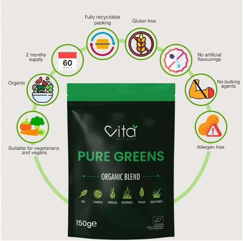 Pure Greens Superfood Powder 150G - Premium Organic Blend of 6 Plant Based Super Greens - Vegan & Gluten Free - Vitamin Fibre & Mineral Rich Formula - Made in the UK