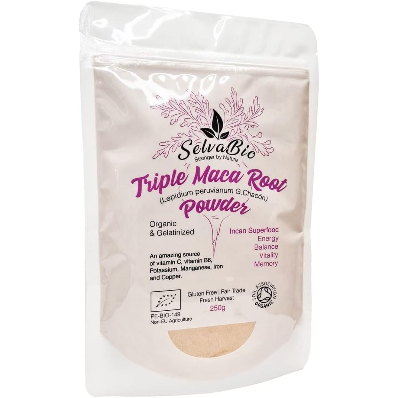 Triple Maca Root Powder, Organic Gelatinized, Certified, 250G from Peru, Women Hormonal Balance or for Men Prostate Support, by Selvabio.