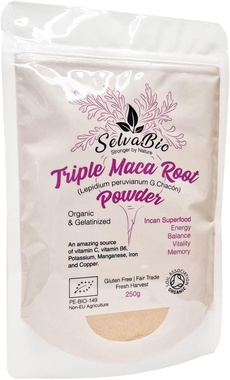 Triple Maca Root Powder, Organic Gelatinized, Certified, 250G from Peru, Women Hormonal Balance or for Men Prostate Support, by Selvabio.