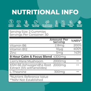 Lion'S Mane Mushroom & Ashwagandha KSM-66 Gummies - 4300Mg High Strength Supplement - 60 Sugar-Free & Vegan Gummies - with Zinc, B6 & B12 - for Calming, Mental Performance, and Nervous System Support