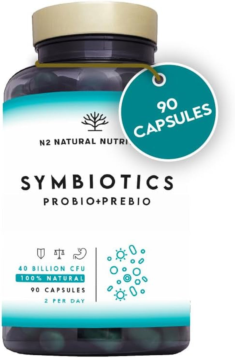 Probiotics and Prebiotics Supplement for Adults, 40 Billion CFU, 6 Probiotic Strains with Inulin. 90 Vegan Capsules. N2 Natural Nutrition