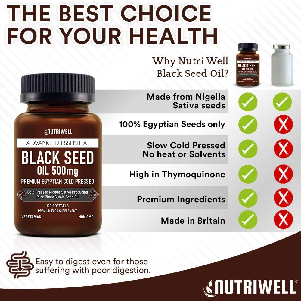Black Seed Oil Softgel 120 Vegetarian Capsules 500Mg - Non GMO - Cold Pressed Nigella Sativa Producing Egyptian Black Cumin Seed Oil, Vegan & Vegetarian – Made by Nutri Well in UK