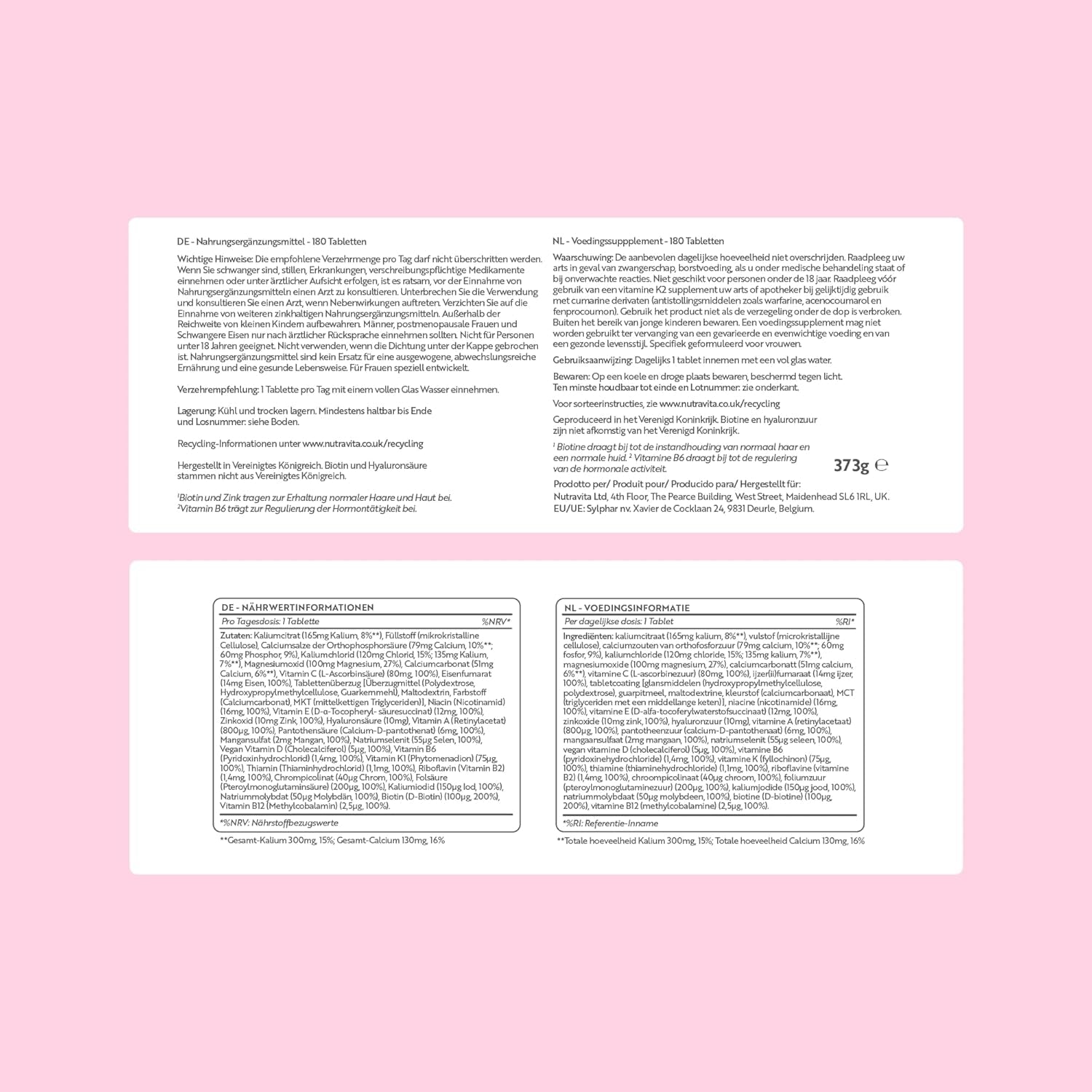 Women'S Multivitamins and Minerals - 24 Essential Active Vitamins and Minerals with Added Hyaluronic Acid - 180 Vegan Tablets - No Synthetic Fillers or Binders - Made in the UK by Nutravita