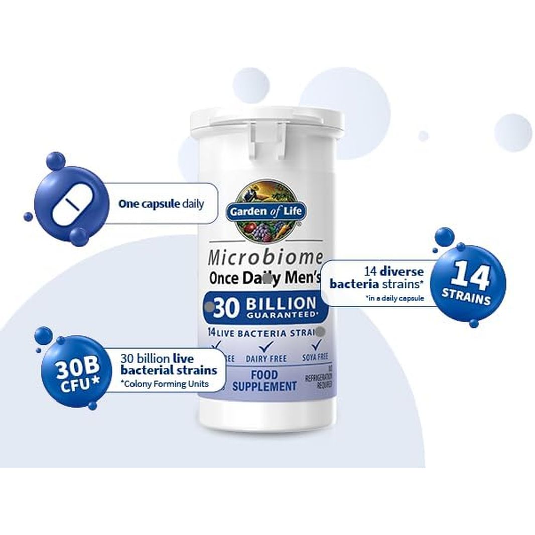 Garden of Life Microbiome Probiotics Once Daily Men’S Supplements | 30 Capsules Made in Italy | 30 Billion CFU 14 Strains | Gluten, Dairy & SOYA Free - Vegan