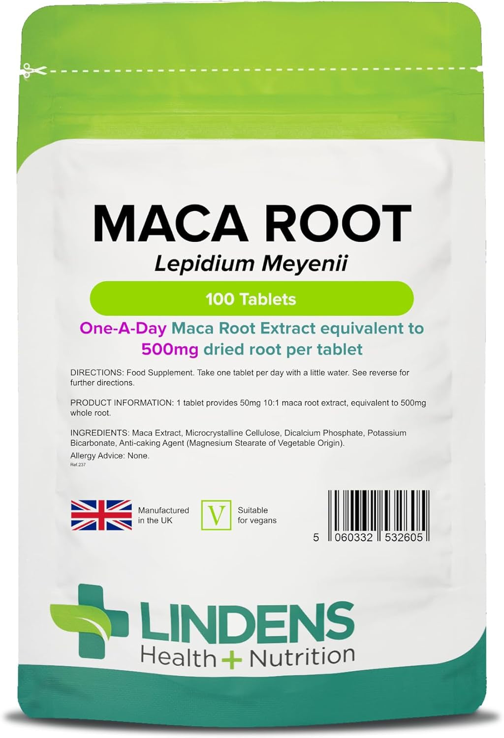 Lindens - Maca Root 500Mg, 100 Tablets - 1 a Day - UK Made - Improve Energy and Performance - Popular Botanical Food Supplement - Letterbox Friendly, Vegan