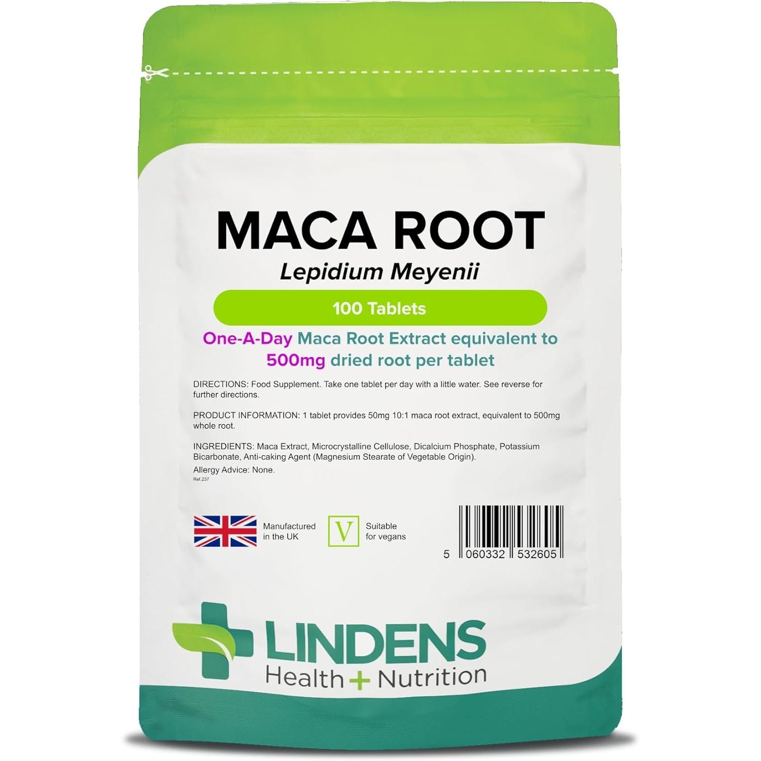 Lindens - Maca Root 500Mg, 100 Tablets - 1 a Day - UK Made - Improve Energy and Performance - Popular Botanical Food Supplement - Letterbox Friendly, Vegan