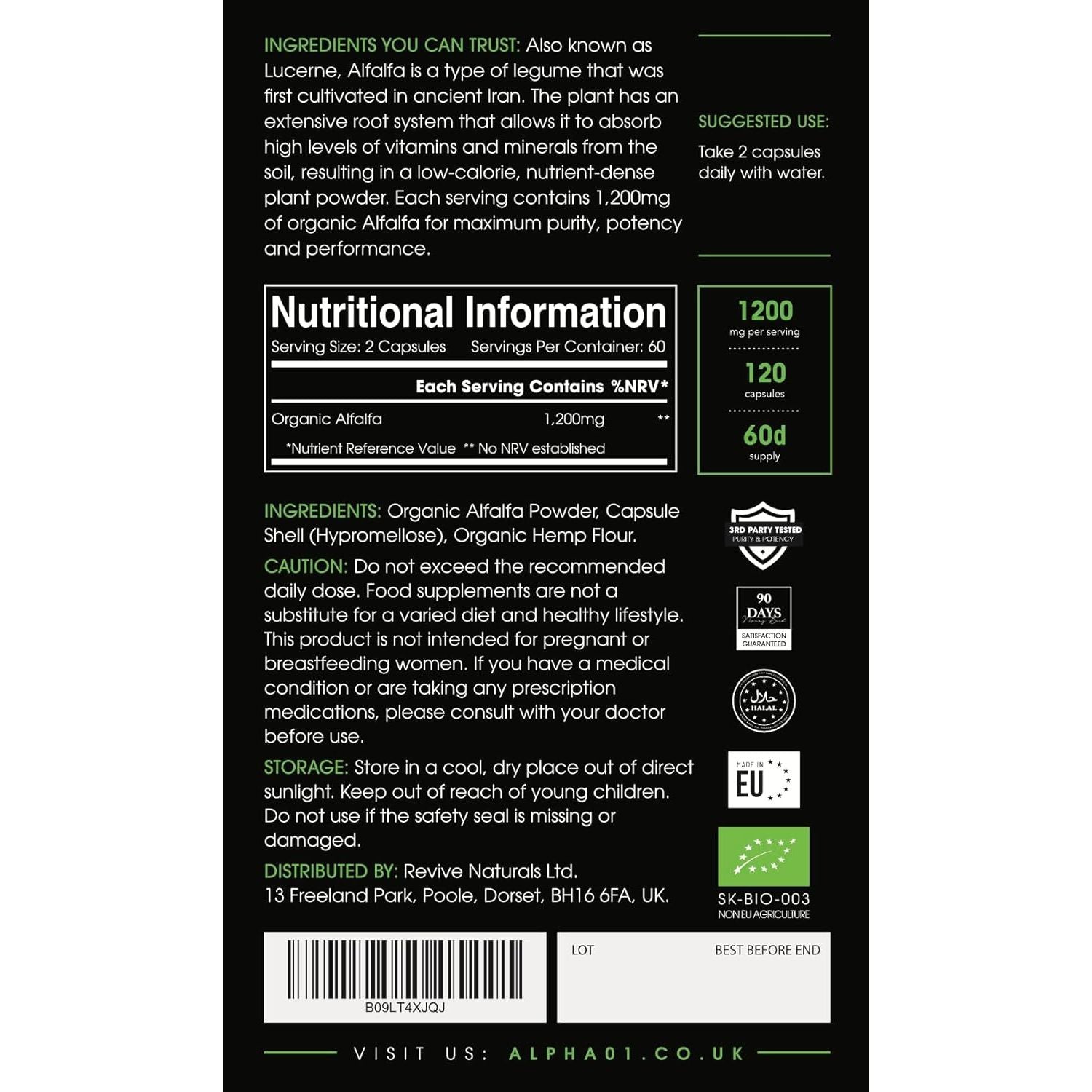 Organic Alfalfa 1200Mg - 120 Vegan Capsules (2 Months Supply) – High Strength Alfalfa Supplement – Resealable and Recyclable Pouch – by Alpha01