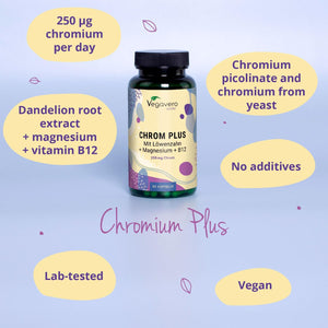 Vegavero Chromium Picolinate 1640 Μg | 250 Μg Elemental Chrom plus Magnesium and VIT B12 | Blood Sugar Supplement* | NO Additives, Lab-Tested | 90 Capsules | Vegan