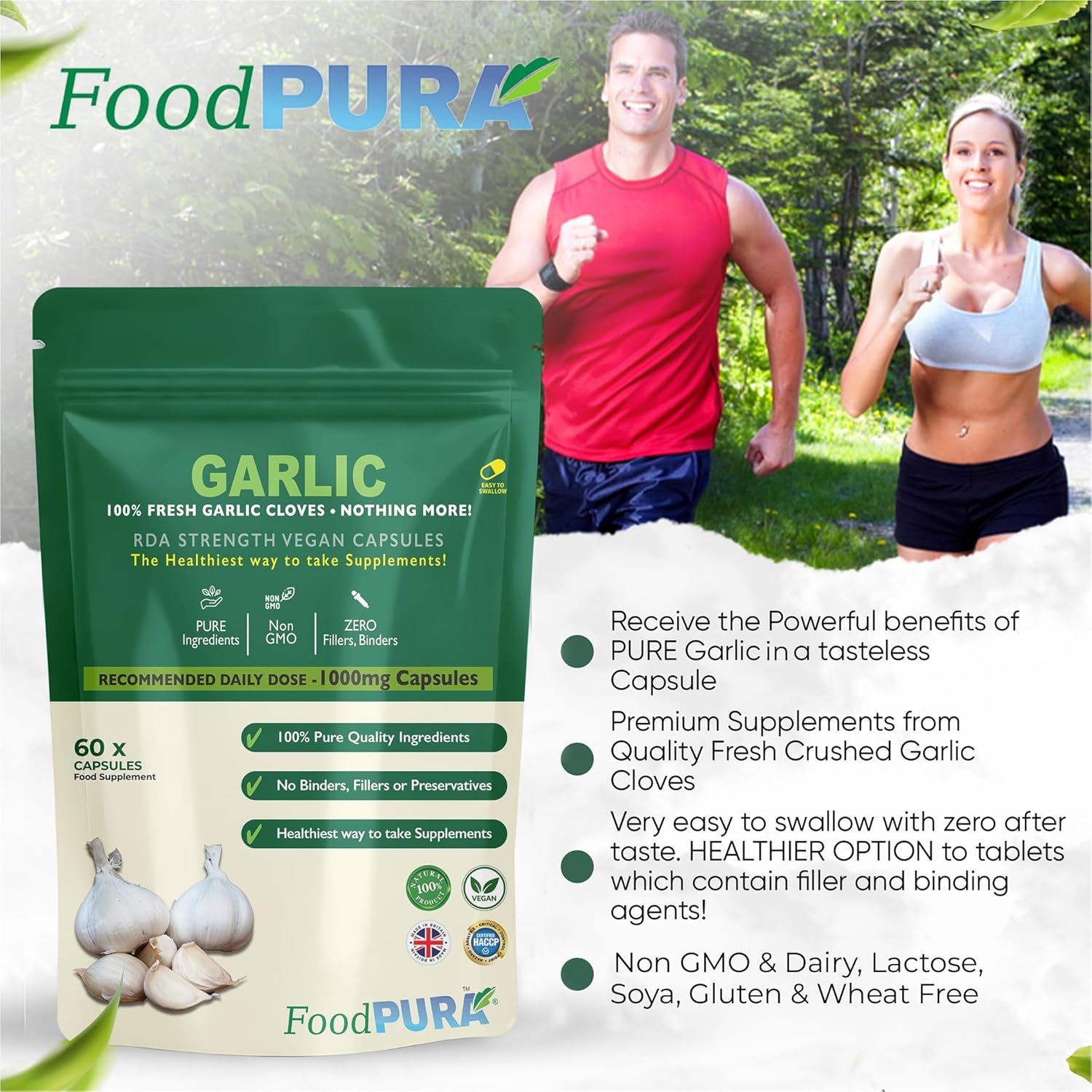 Foodpura 60 X Pure Garlic Capsules Recommended Daily Strength 1000Mg - Capsules Are the SAFEST Way to Take Any Supplement! HACCP Certified, Manufactured in the UK.