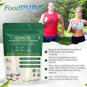 Foodpura 60 X Pure Garlic Capsules Recommended Daily Strength 1000Mg - Capsules Are the SAFEST Way to Take Any Supplement! HACCP Certified, Manufactured in the UK.