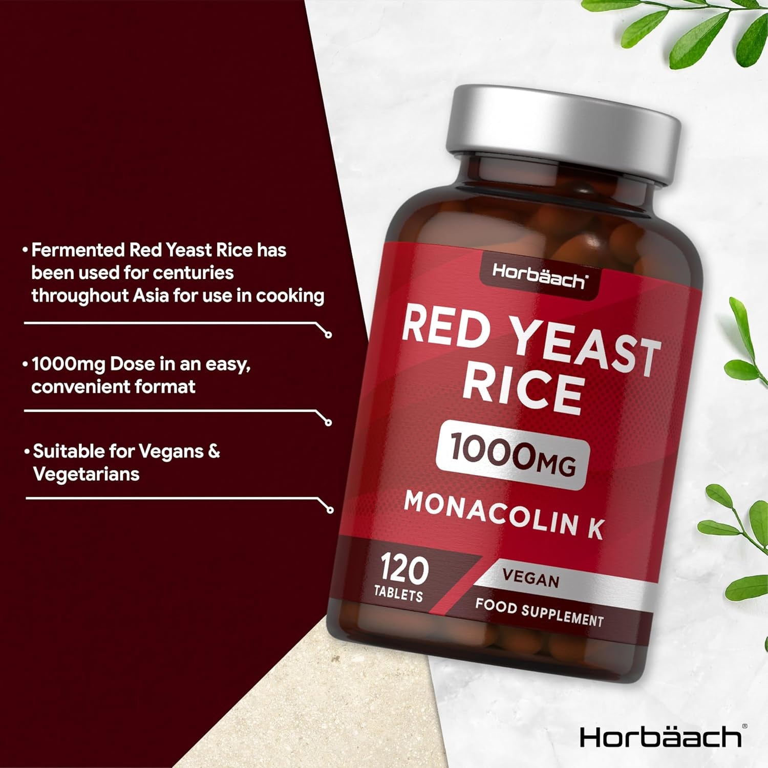 Red Yeast Rice 1000Mg | 120 Vegan Tablets | High Strength Supplement with Monacolin K | Monascus Purpureus | by Horbaach