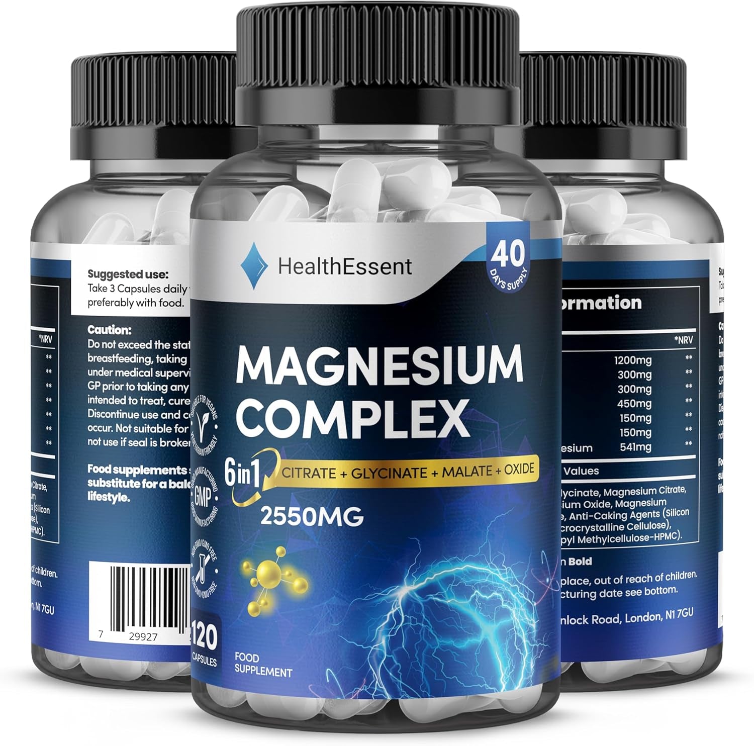 Magnesium 6-In-1 Complex, 2550Mg with Magnesium Citrate, Glycinate, Malate, Oxide, Taurate and Orotate - Promotes Sleep, Energy and Muscles - for Stress & Anxiety Relief - 120 Capsules by Healthessent