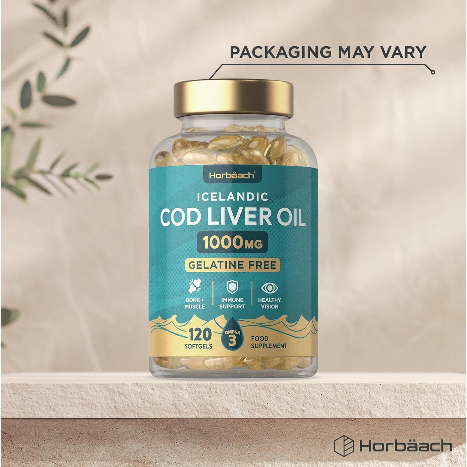 Cod Liver Oil Gelatine Free 1000Mg | 120 Capsules | High Strength Supplement with Vitamin A, D and Omega 3 DHA/EPA | Suitable for Pescatarians | by Horbaach