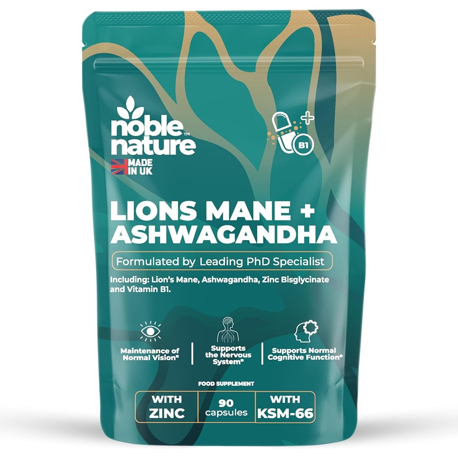 Noble Nature 267Mg Lions Mane + 250Mg Ashwagandha KSM 66 4-In-1 Formula – with 10Mg Zinc Bisglycinate and 1Mg Vitamin B1 Capsule Supplement – Adaptogens for Calm Brain, Stress, Mood, & Health (90)