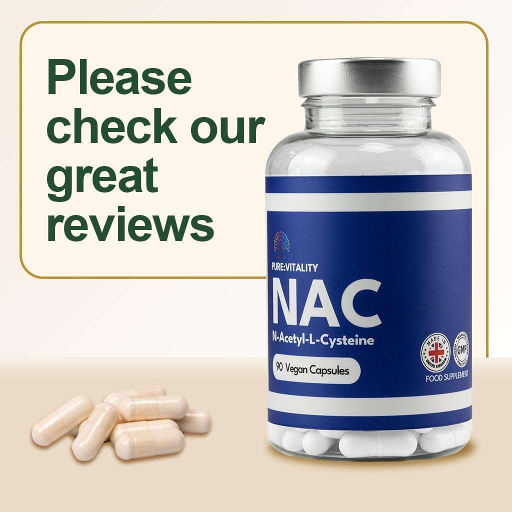 Pure Vitality: NAC Supplement 600Mg X 90 Capsules, Pure NAC Acetylcysteine for Glutathione, Detox, Post Workout Supplements for Men & Women, N-Acetylcysteine (L Cysteine) - GMP & HACCP Certified - UK