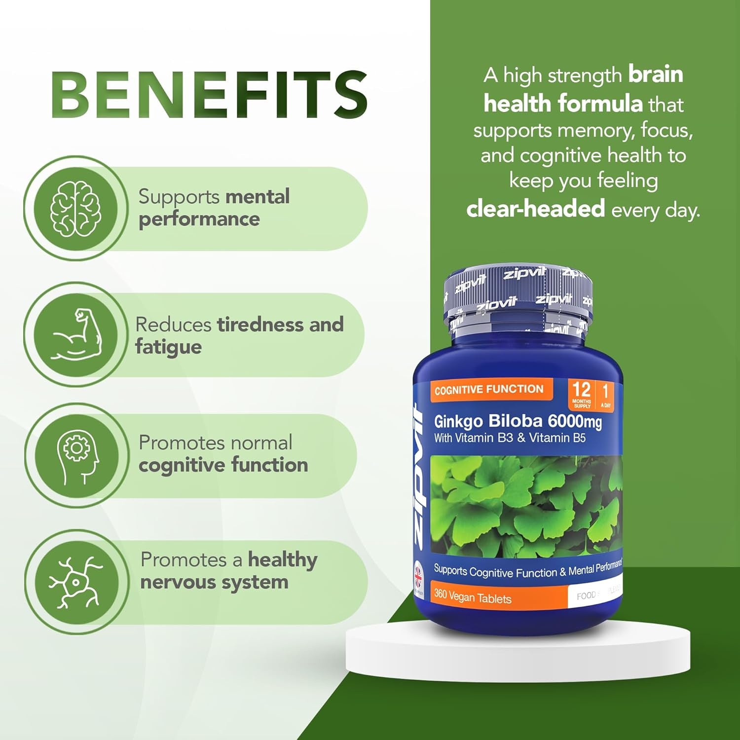 Zipvit Ginkgo Biloba 6000Mg with Vitamins B3 & B5, 360 Vegan Tablets, Supports Memory, Focus, Brain Health & Cognitive Wellness, Standardised 50:1 Leaf Extract, 12 Months Supply.