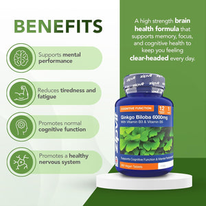 Zipvit Ginkgo Biloba 6000Mg with Vitamins B3 & B5, 360 Vegan Tablets, Supports Memory, Focus, Brain Health & Cognitive Wellness, Standardised 50:1 Leaf Extract, 12 Months Supply.