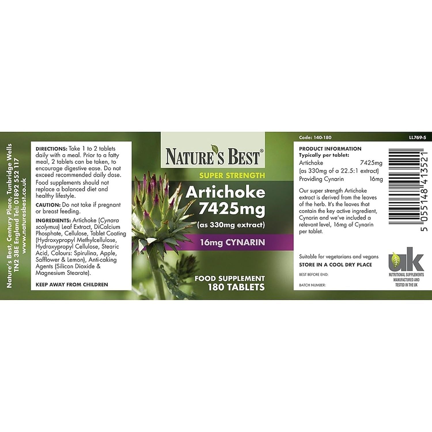 Nature'S Best High Strength Artichoke Extract 7425Mg - over 7G Equivalent to Fresh Artichoke - Taste-Free - UK Made - 180 Vegan Tablets (3+ Months' Supply)