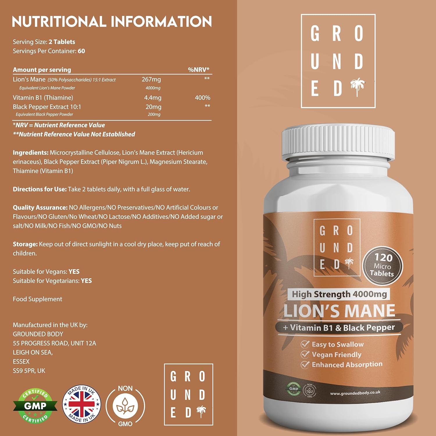 Grounded Lion’S Mane 4,000Mg High Strength 15:1 Extract | 120 Tablets | with Vitamin B1 & Black Pepper for Optimal Absorption | 2 Month Supply. UK Made Mushroom Supplement