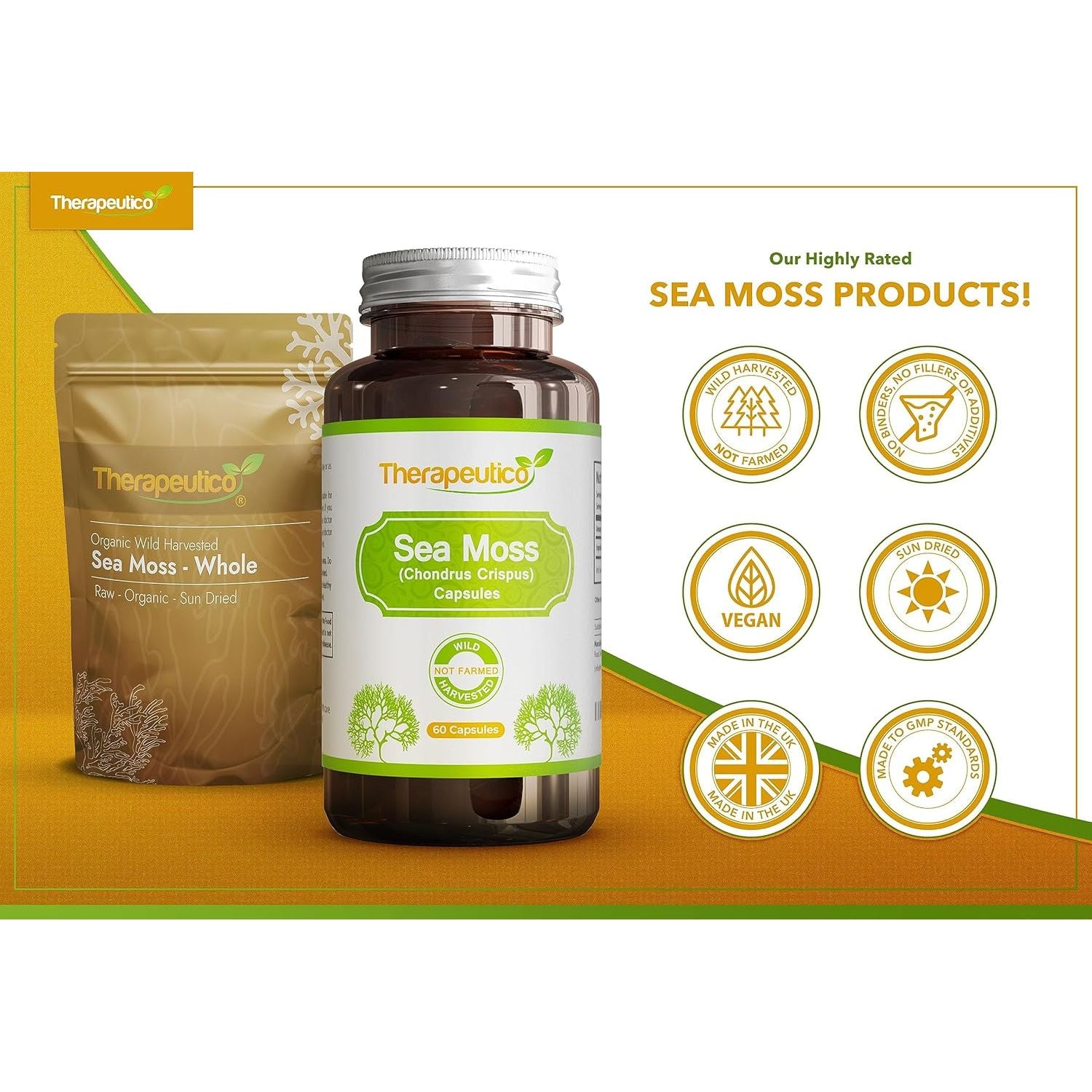 Sea Moss Capsules | Wild Harvested | 60 Veg Capsules | Full Spectrum | Chondrus Crispus | Premium Supplement | Vegan | No Binders, Fillers, Additives | UK Made