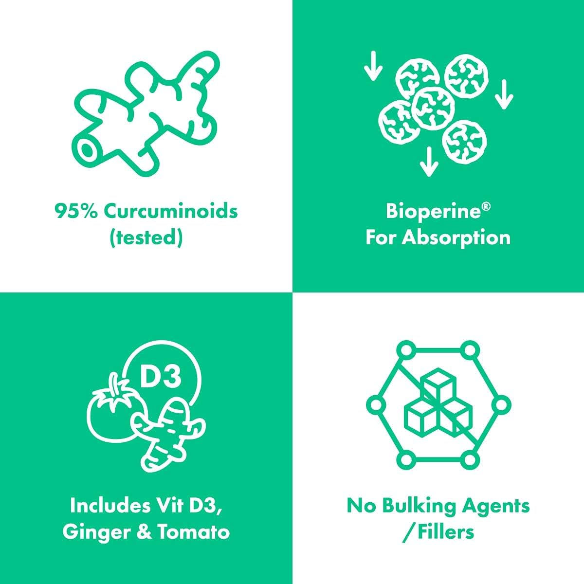 Curcumin 95 Advanced, 60 Capsules, High Strength Curcumin (The Active Component of Turmeric) with 95% Curcuminoids + Bioperine® (Black Pepper Extract), Vitamin D, Tomato and Ginger Root, GMP Approved