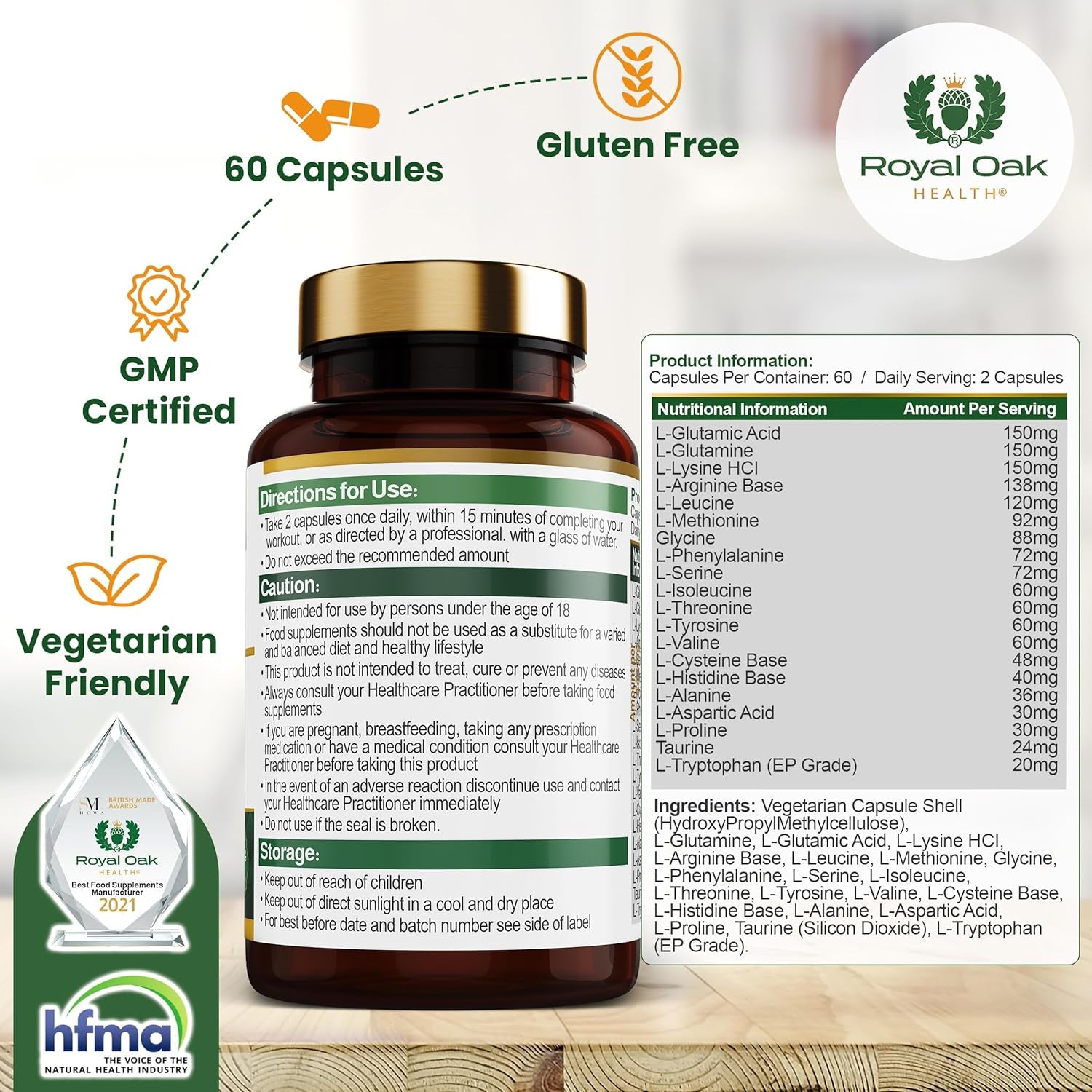 Royal Oak Health Full Spectrum Amino Acid Complex | Complete with All 20 EAA & Bcaas in Free Form for Instant Digestion | Essential & Branch Chain Amino Acids Supplement | 60 Vegan Capsules | UK Made