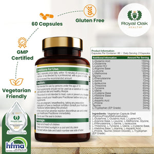 Royal Oak Health Full Spectrum Amino Acid Complex | Complete with All 20 EAA & Bcaas in Free Form for Instant Digestion | Essential & Branch Chain Amino Acids Supplement | 60 Vegan Capsules | UK Made