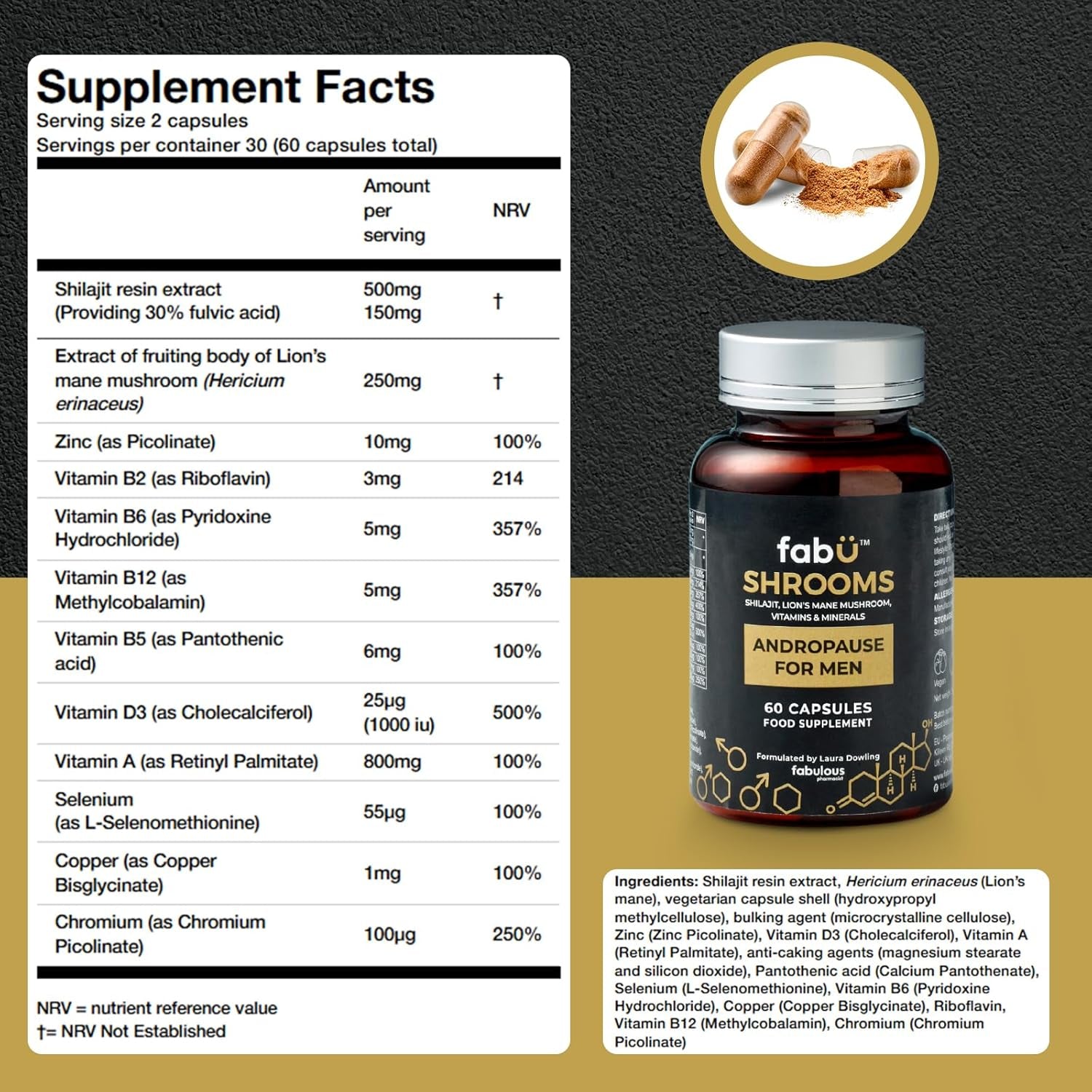 Fabü Shrooms Andropause - Natural Shilajit & Lion'S Mane Supplement for Men - Complete Multivitamin with Zinc, B12 & Minerals for Energy, Cognition & Testosterone Support - 60 Capsules