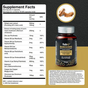 Fabü Shrooms Andropause - Natural Shilajit & Lion'S Mane Supplement for Men - Complete Multivitamin with Zinc, B12 & Minerals for Energy, Cognition & Testosterone Support - 60 Capsules