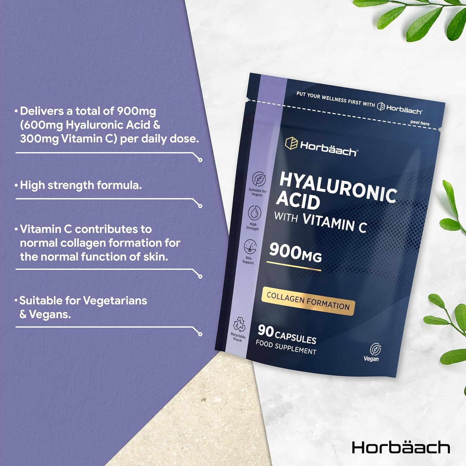 Hyaluronic Acid Supplement 900Mg | 90 Vegan Capsules | High Strength Bioavailable Formula with Vitamin C | by Horbaach