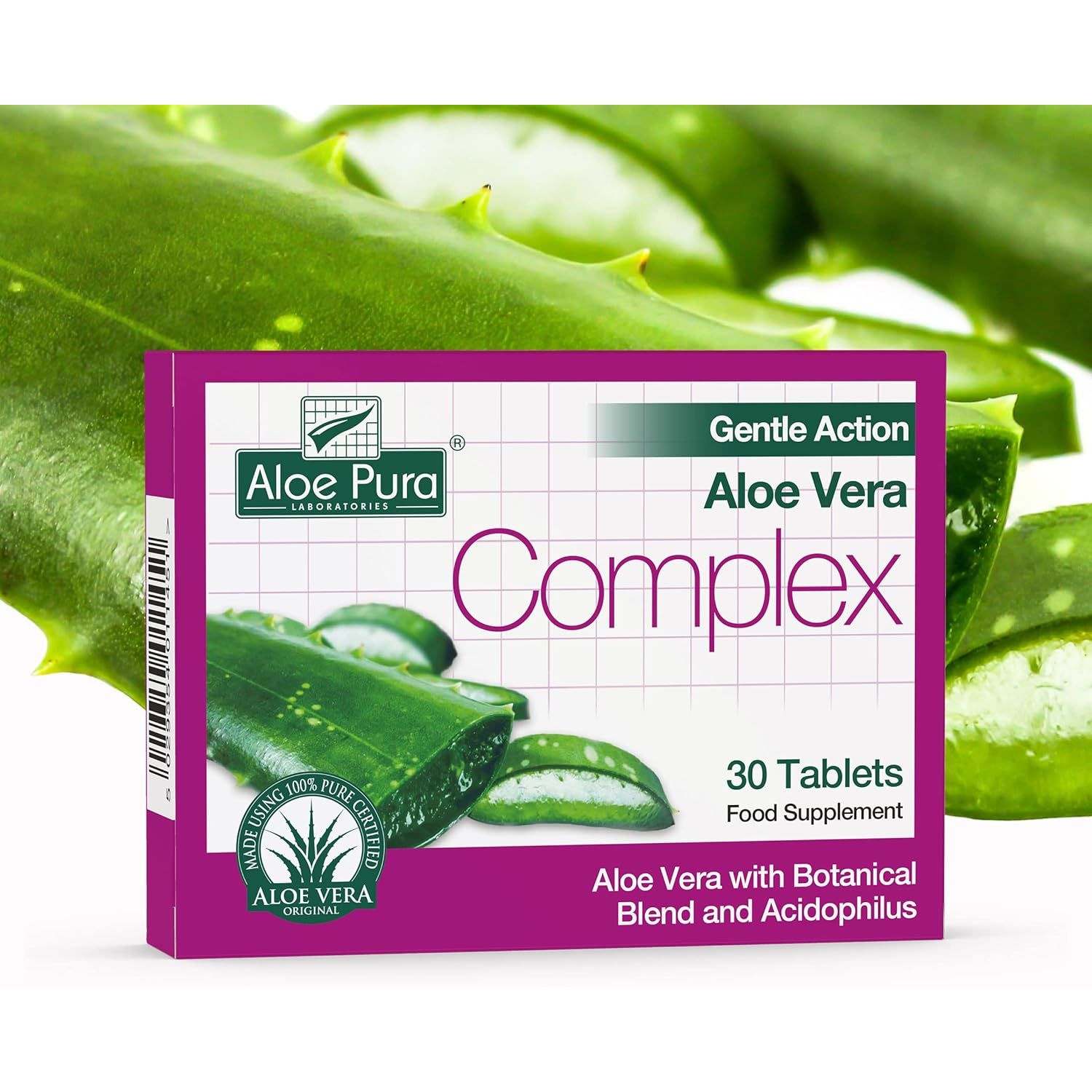 Aloe Pura Aloe Vera Gentle Action Complex Tablets , Natural , Vegetarian , Cruelty Free , Food Supplement, Botanical Blend , 30 Tablets