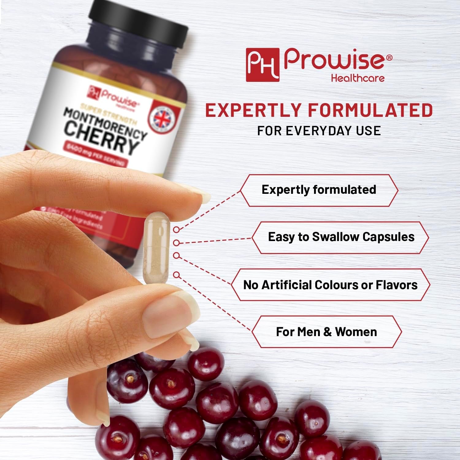 Montmorency Cherry 6400Mg - 200 Tart Cherry Capsules - Natural Tart Cherry Extract Supplement for Men & Women – Super Strength, Gluten Free, Vegan and GMO Free - Made in the UK by Prowise