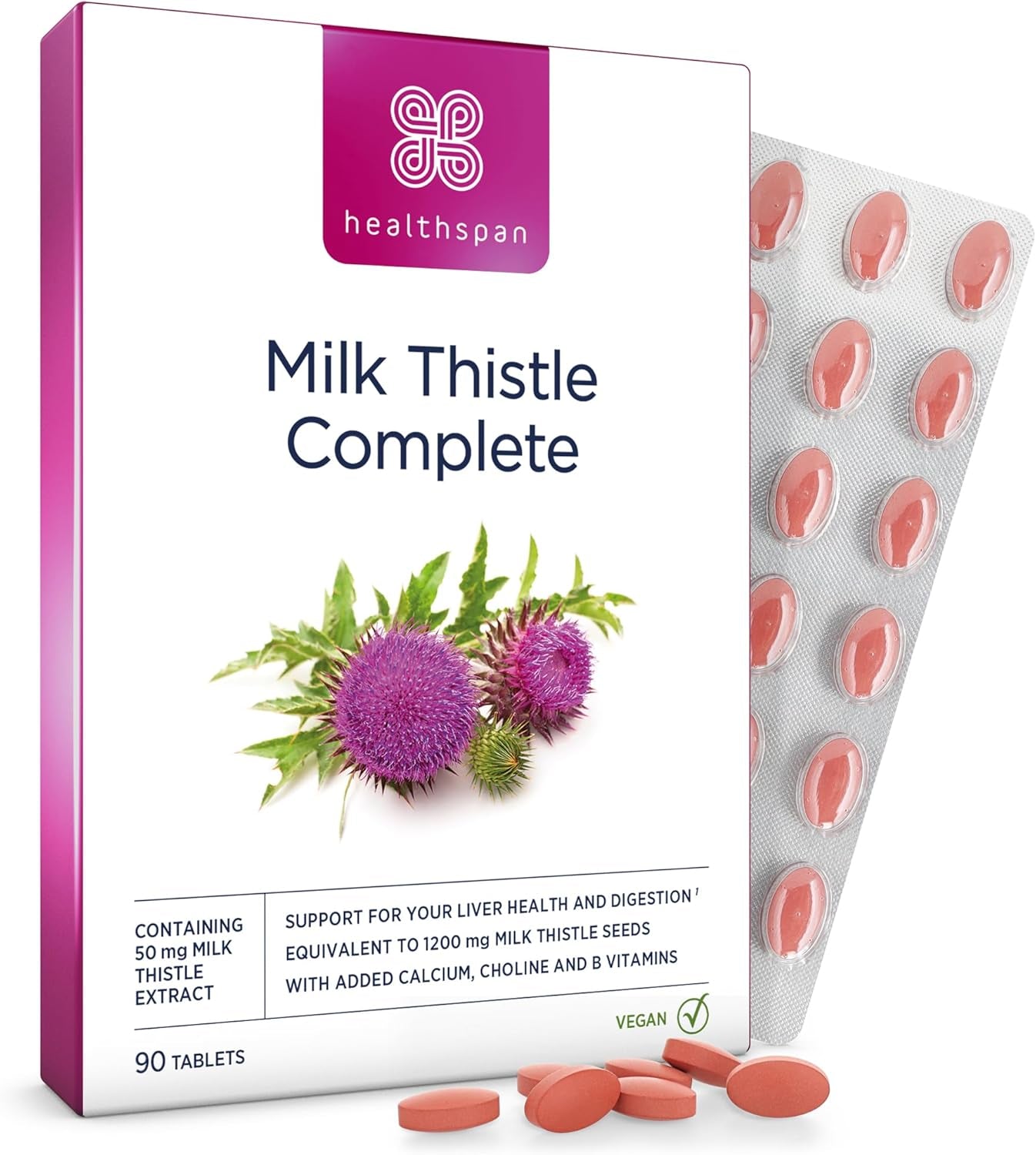 Healthspan Milk Thistle Complete (90 Tablets) | 50Mg Milk Thistle Extract | with B Vitamins, Calcium & Choline to Support Your Digestive Health & Liver Function | Vegan Friendly