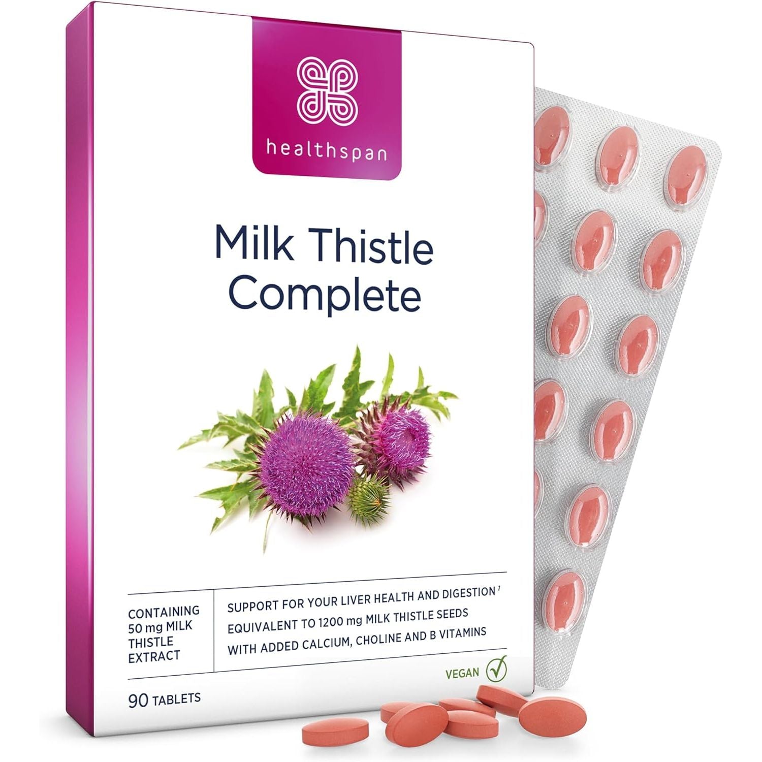Healthspan Milk Thistle Complete (90 Tablets) | 50Mg Milk Thistle Extract | with B Vitamins, Calcium & Choline to Support Your Digestive Health & Liver Function | Vegan Friendly