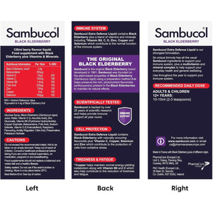 Sambucol Natural Black Elderberry Extra Defence Liquid | Vitamin C, B6 & D | Zinc | Folic Acid & Minerals |Advanced Immune Support Supplement | 120Ml